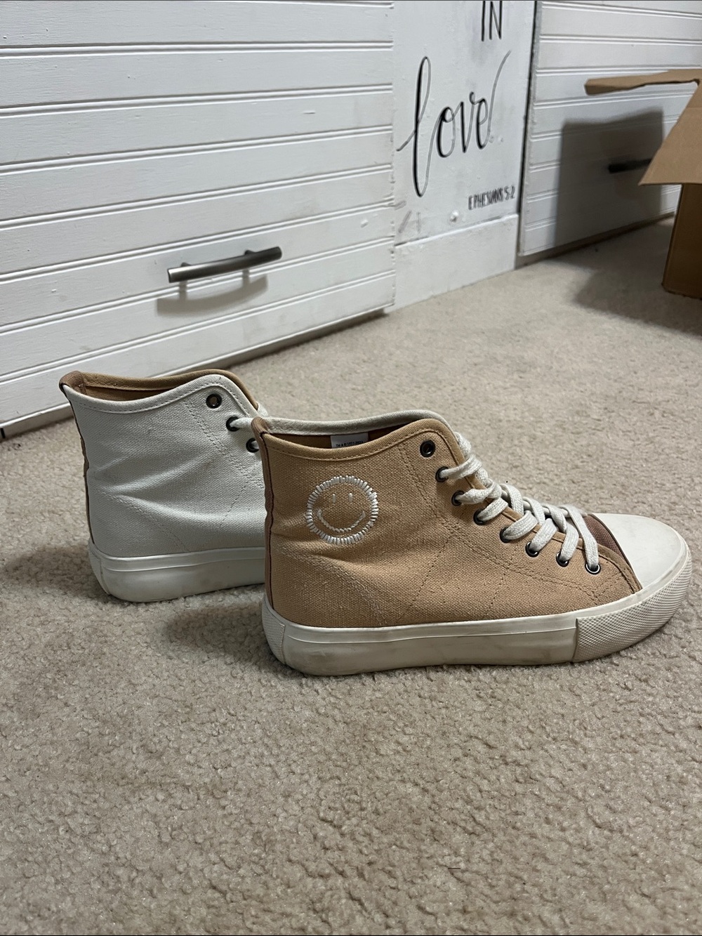 Two-Tone High-Top Sneakers - Beige & White
